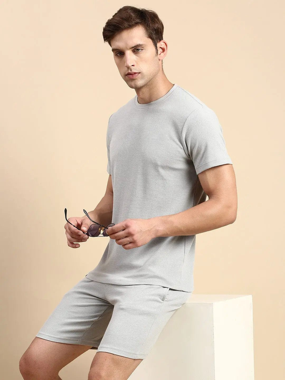 Men's Round Neck Solid Grey Co-Ords Set