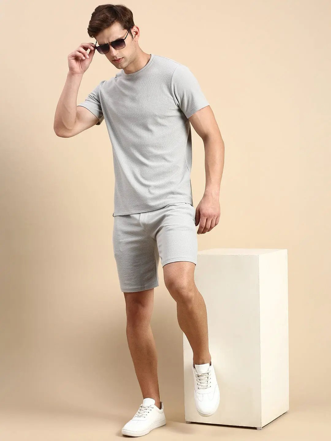 Men's Round Neck Solid Grey Co-Ords Set