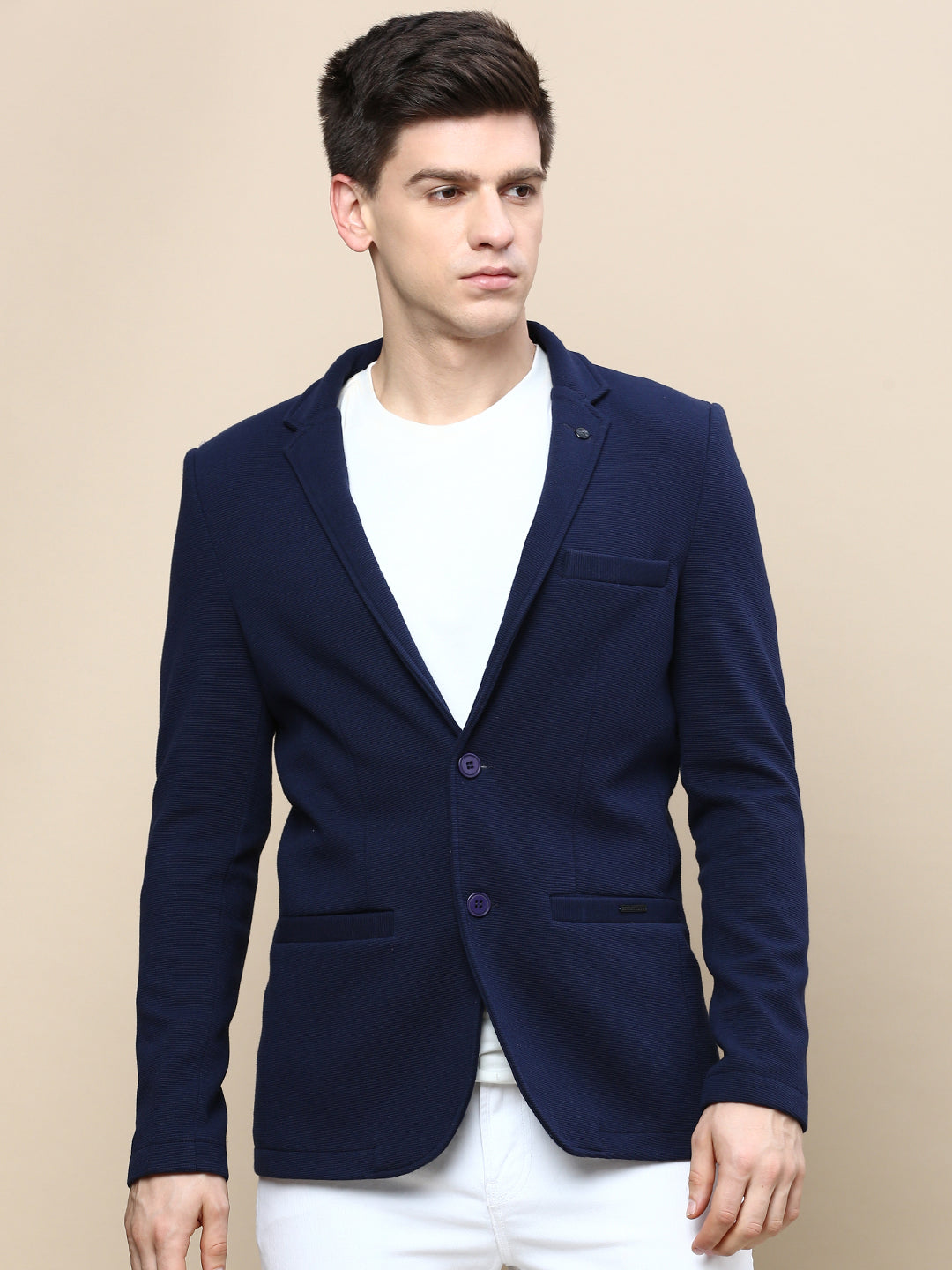 Men Navy Blue Solid Single Breasted Blazer