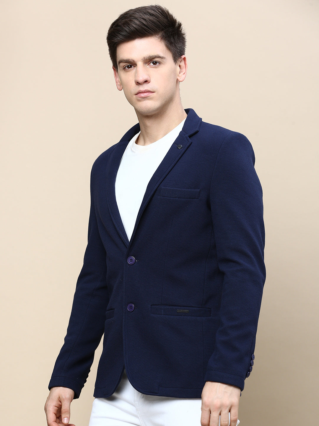 Men Navy Blue Solid Single Breasted Blazer