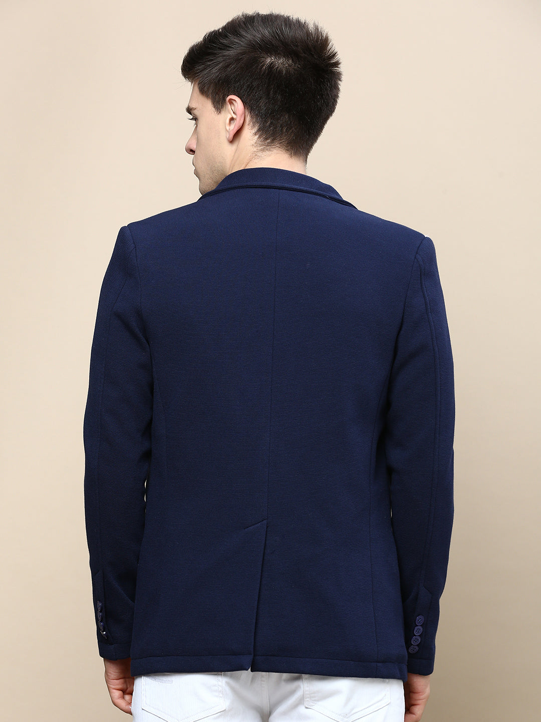 Men Navy Blue Solid Single Breasted Blazer