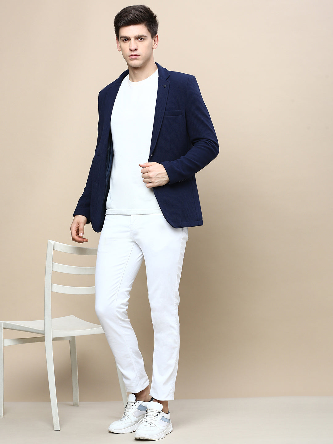 Men Navy Blue Solid Single Breasted Blazer