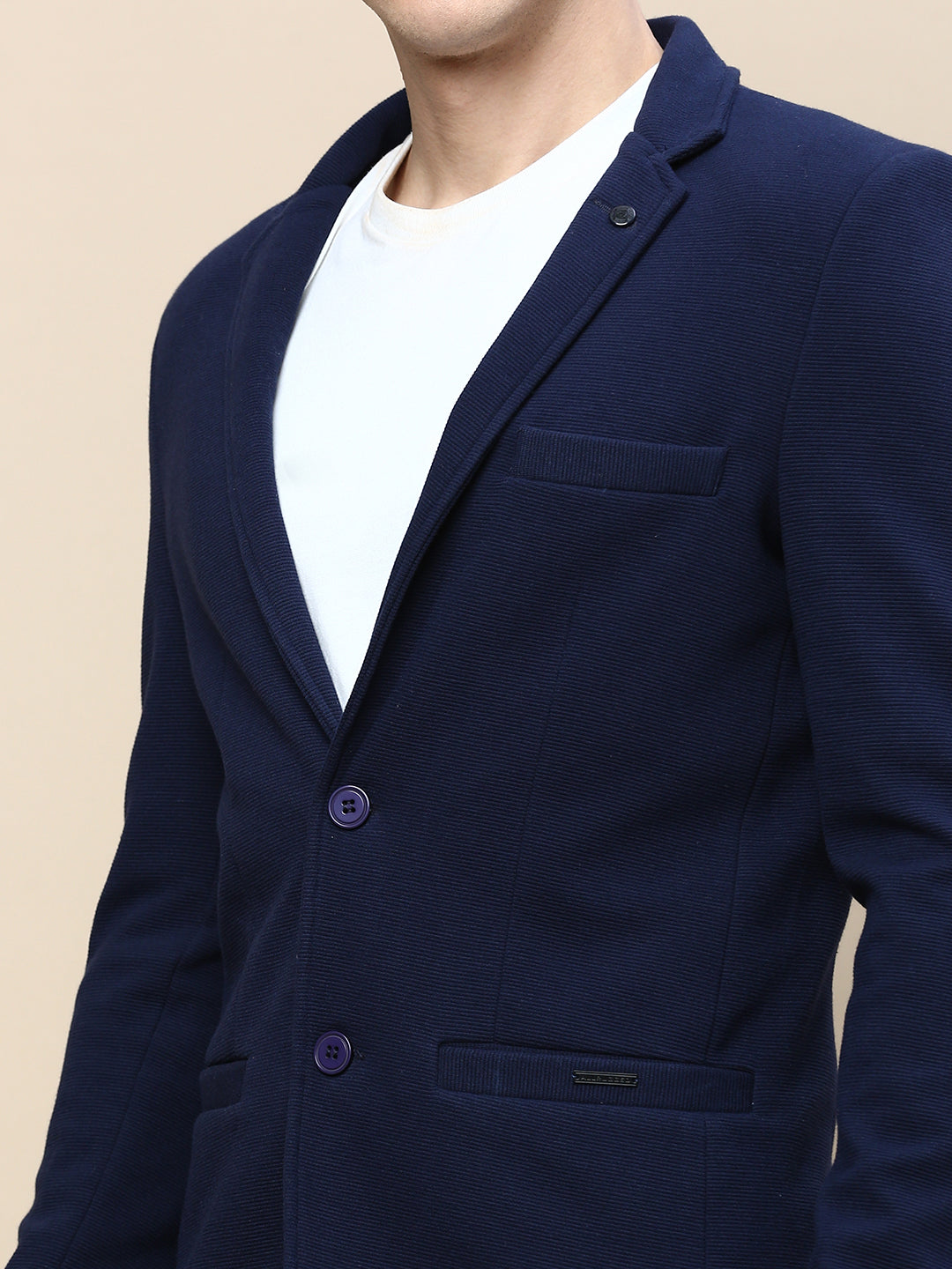 Men Navy Blue Solid Single Breasted Blazer