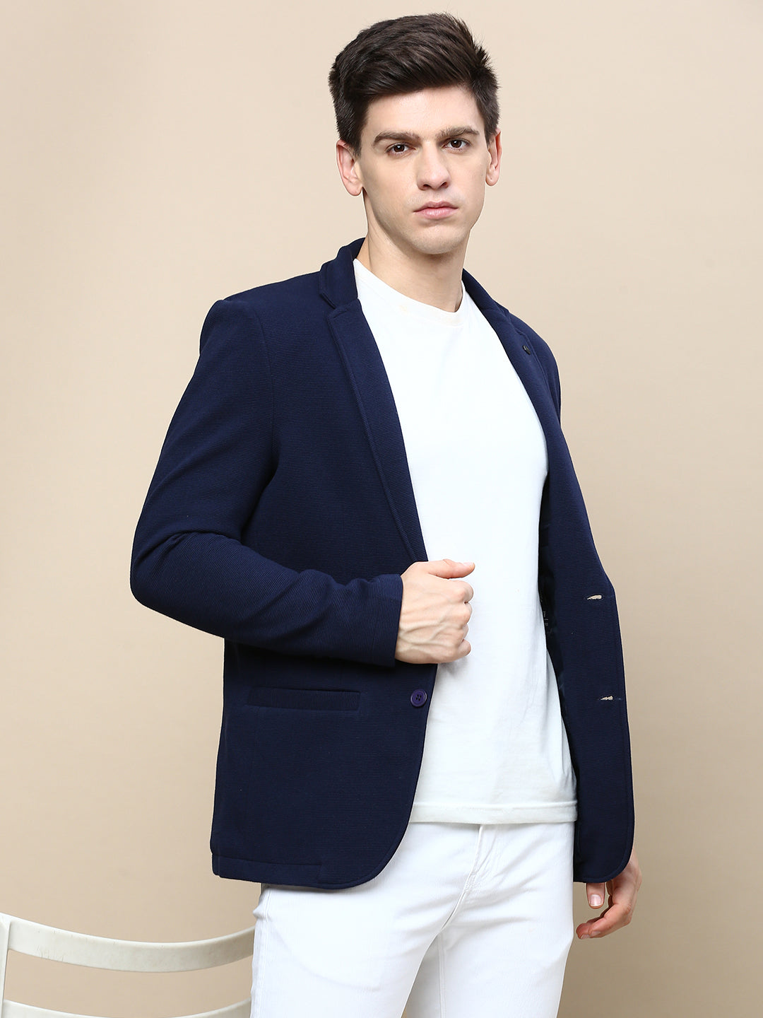 Men Navy Blue Solid Single Breasted Blazer