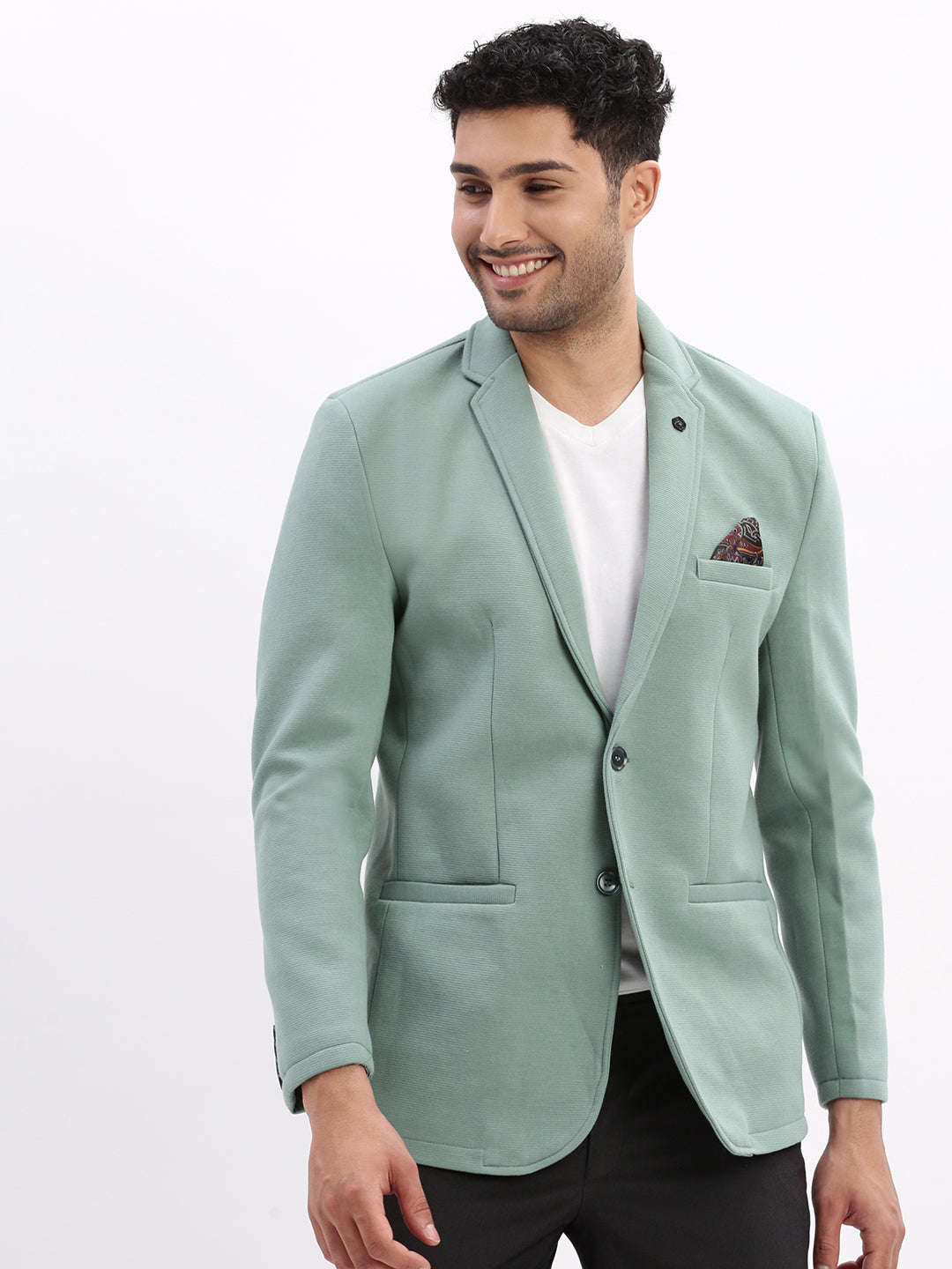 Men Solid Sea Green Single Breasted Blazer