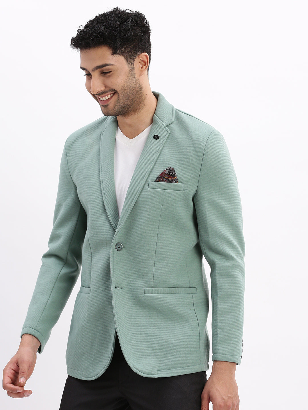 Men Solid Sea Green Single Breasted Blazer