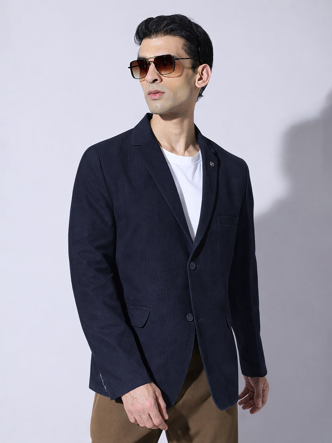 Men's Corduroy Navy Blue Single Breasted  Blazer
