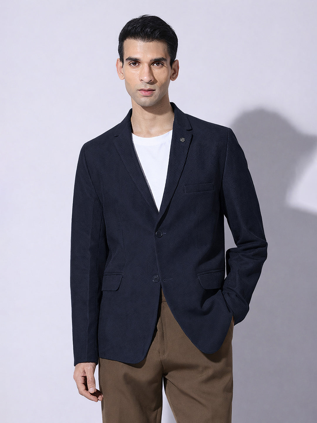 Men's Corduroy Navy Blue Single Breasted  Blazer