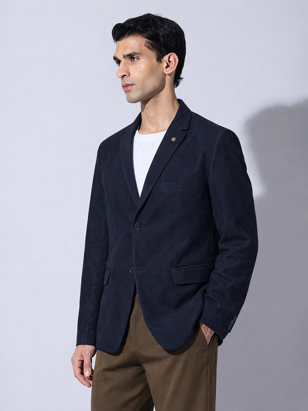 Men's Corduroy Navy Blue Single Breasted  Blazer