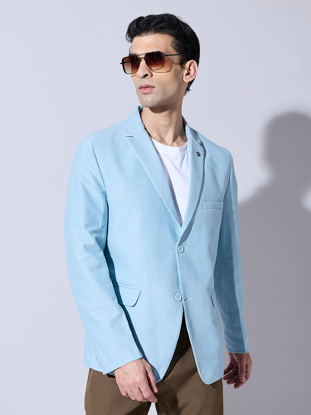 Men's Corduroy Sky Blue Single Breasted  Blazer