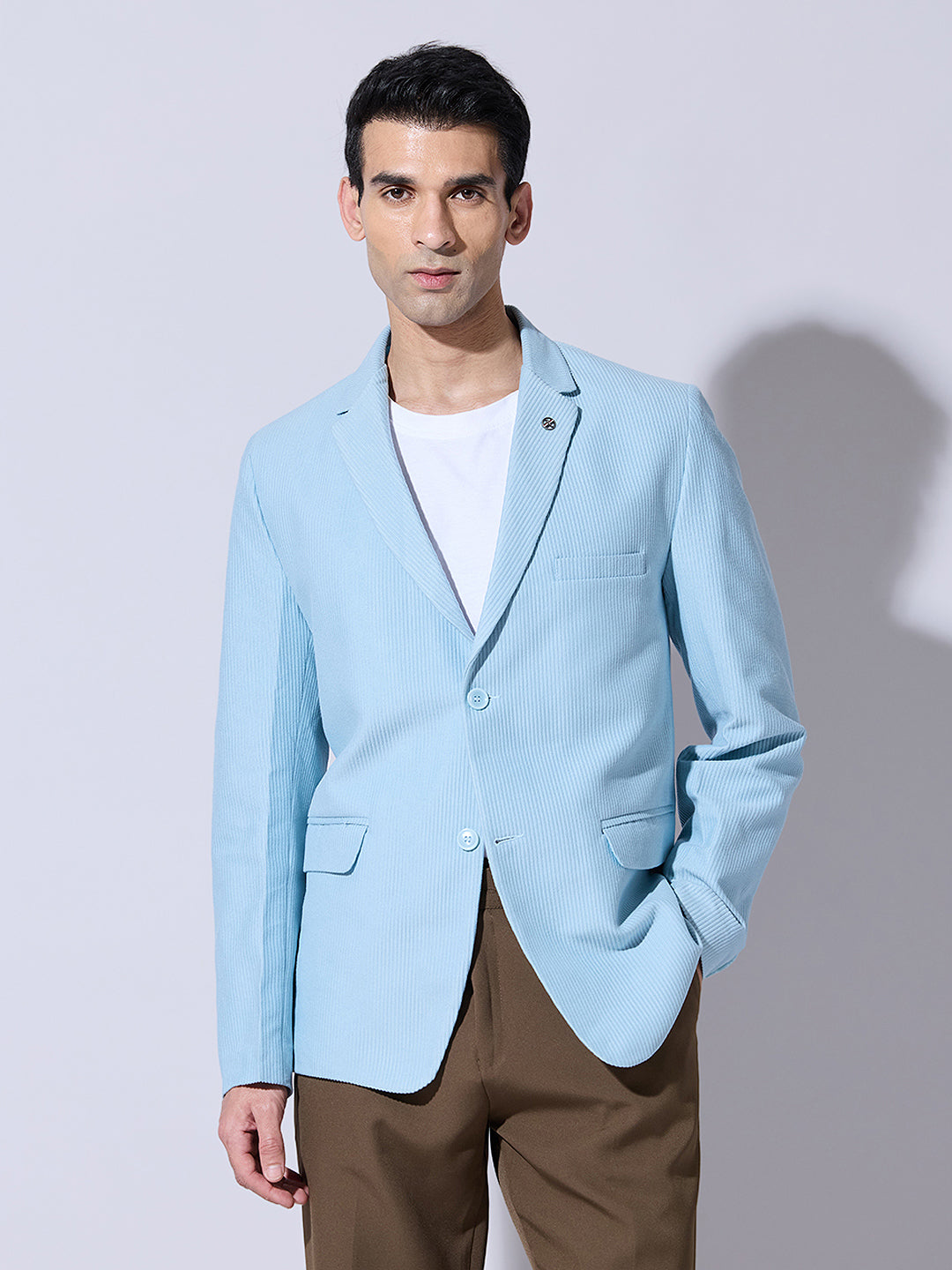 Men's Corduroy Sky Blue Single Breasted  Blazer