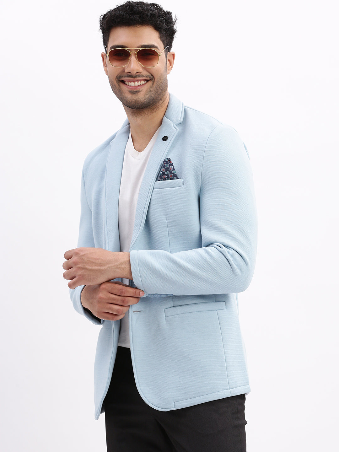 Men Solid Blue Single Breasted Blazer