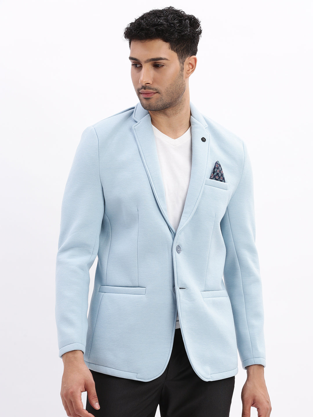 Men Solid Blue Single Breasted Blazer