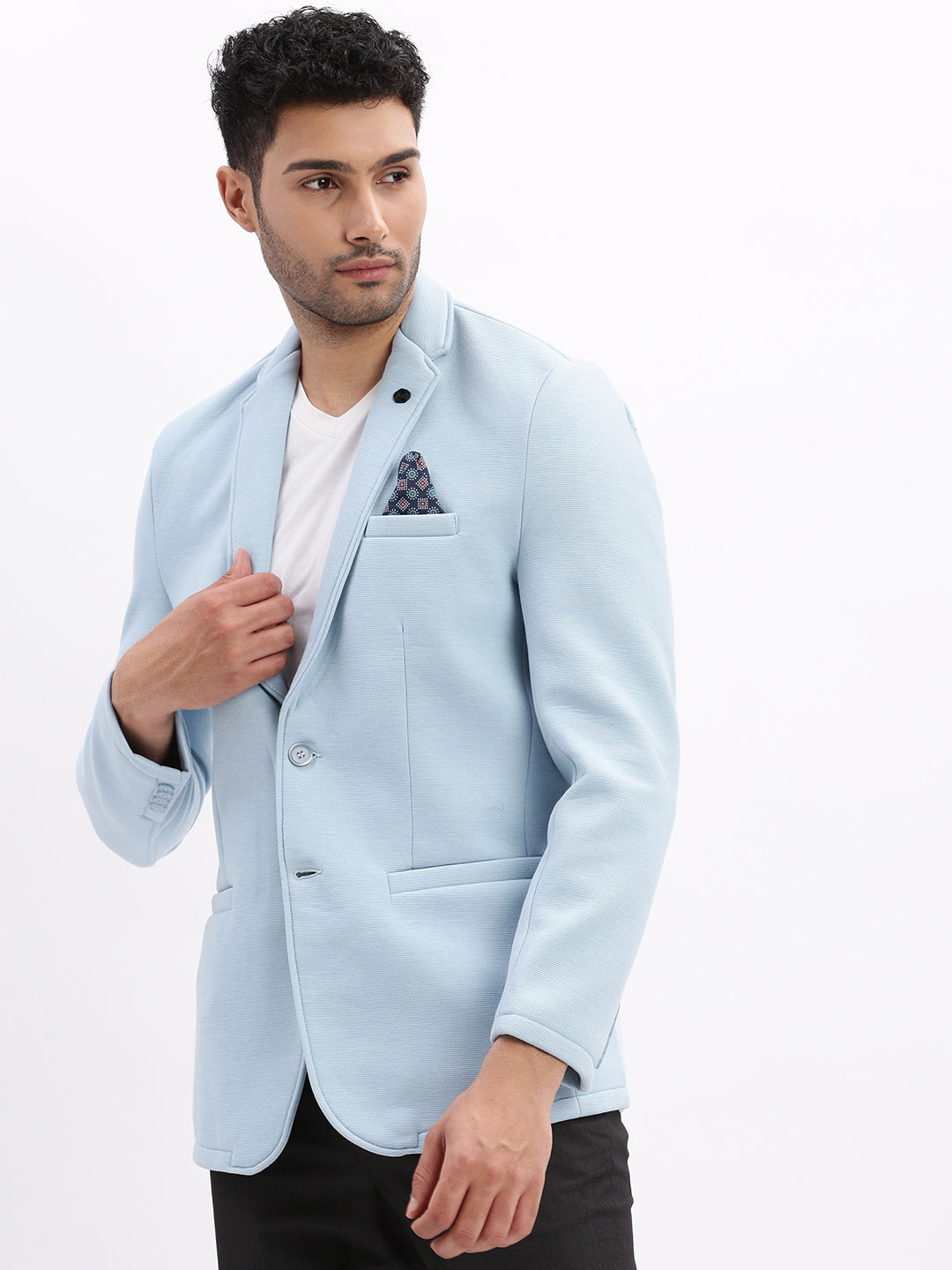 Men Solid Blue Single Breasted Blazer