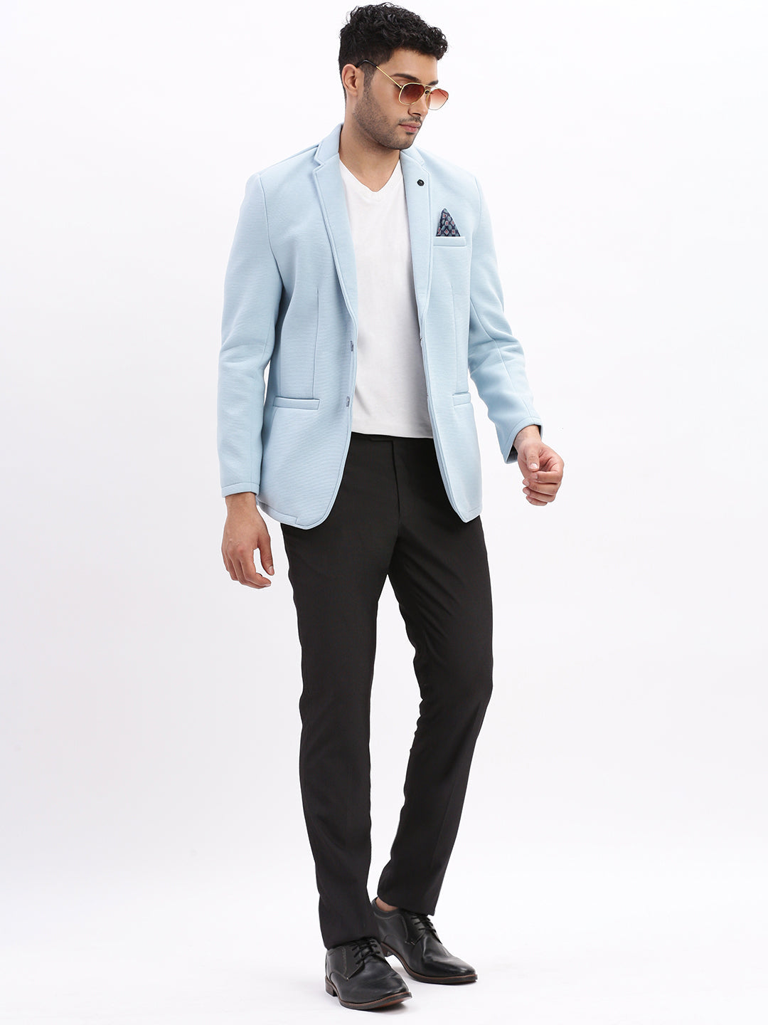 Men Solid Blue Single Breasted Blazer