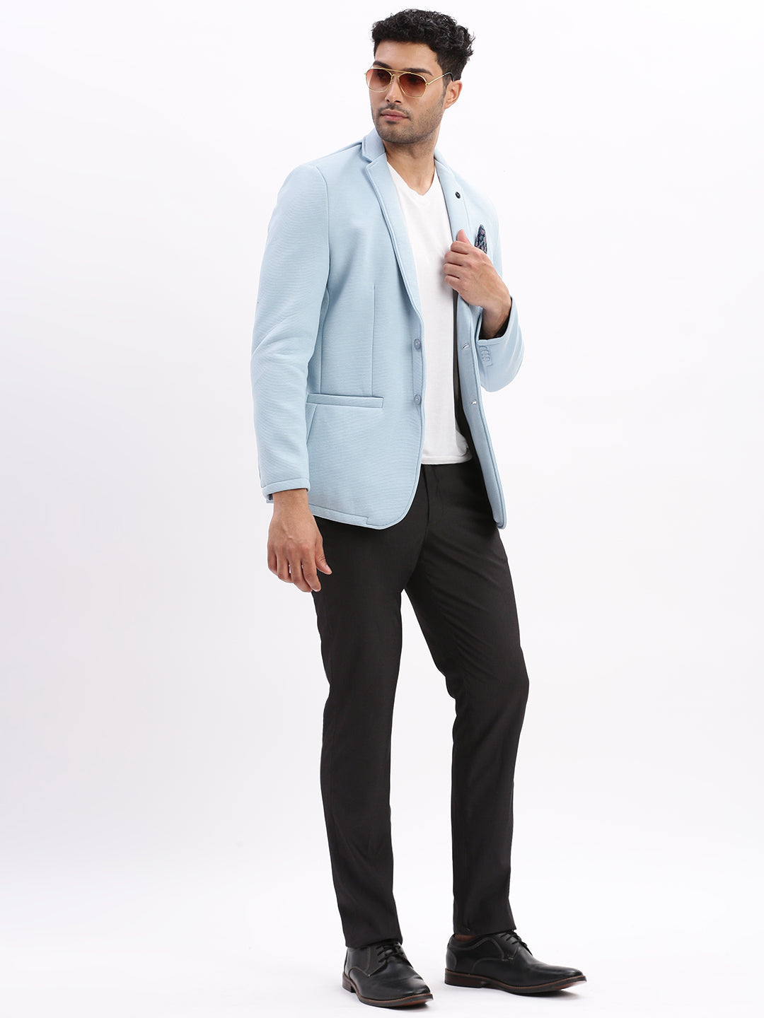 Men Solid Blue Single Breasted Blazer