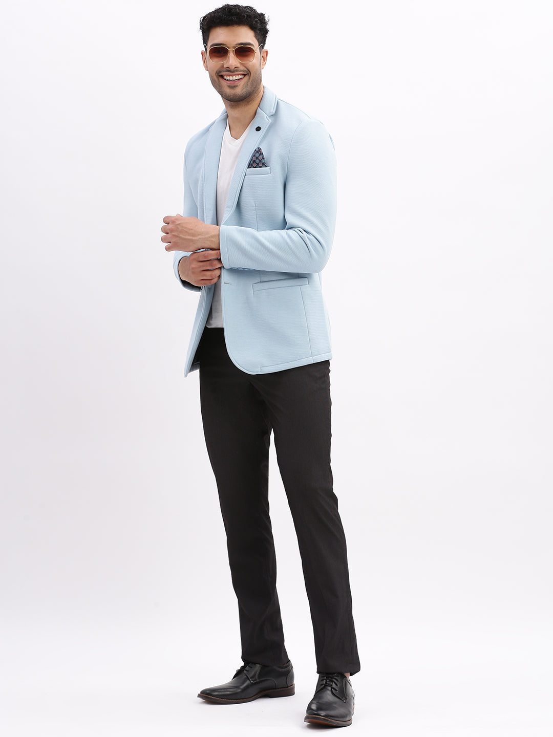 Men Solid Blue Single Breasted Blazer