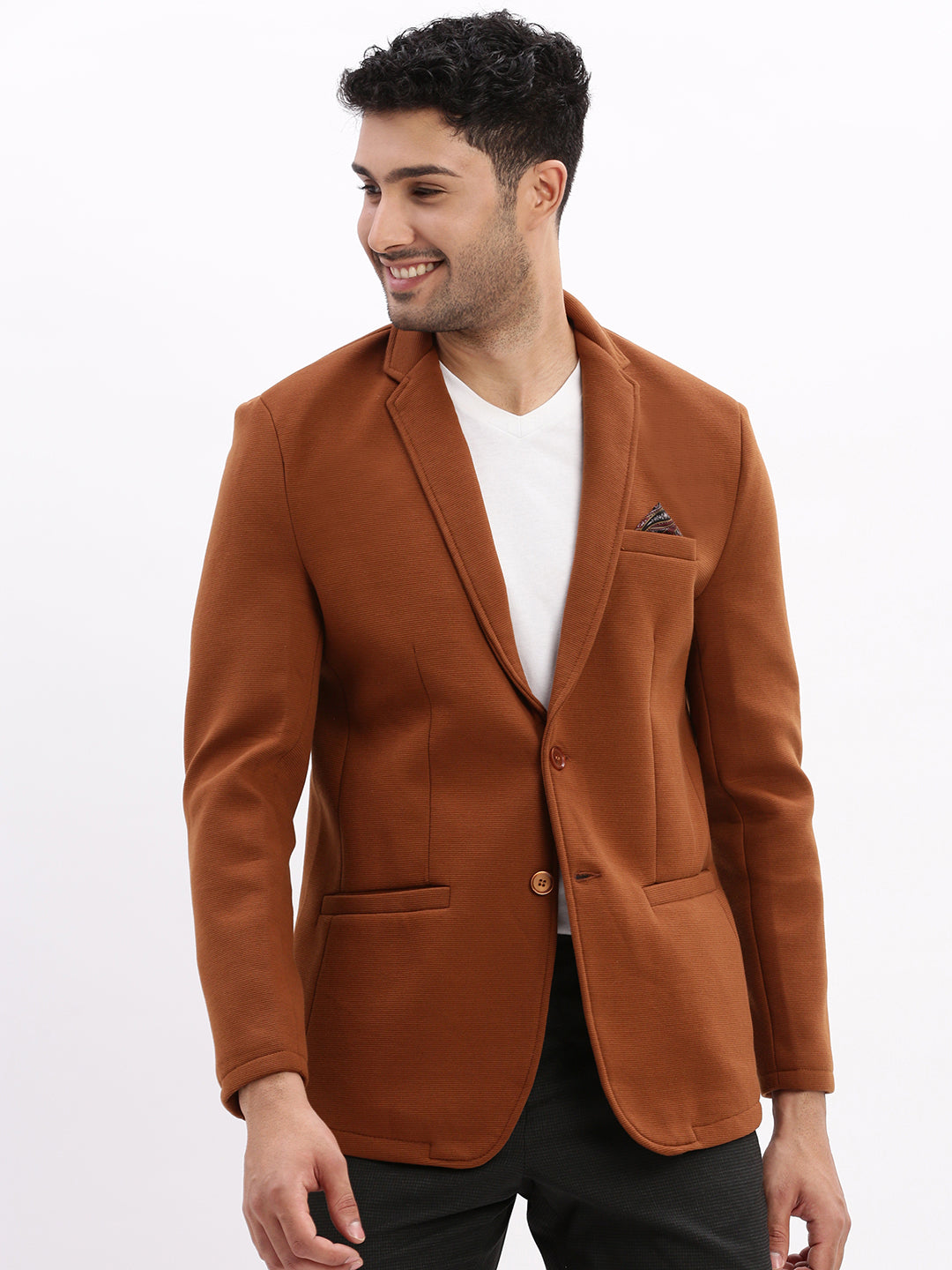 Men Solid Brown Single Breasted Blazer