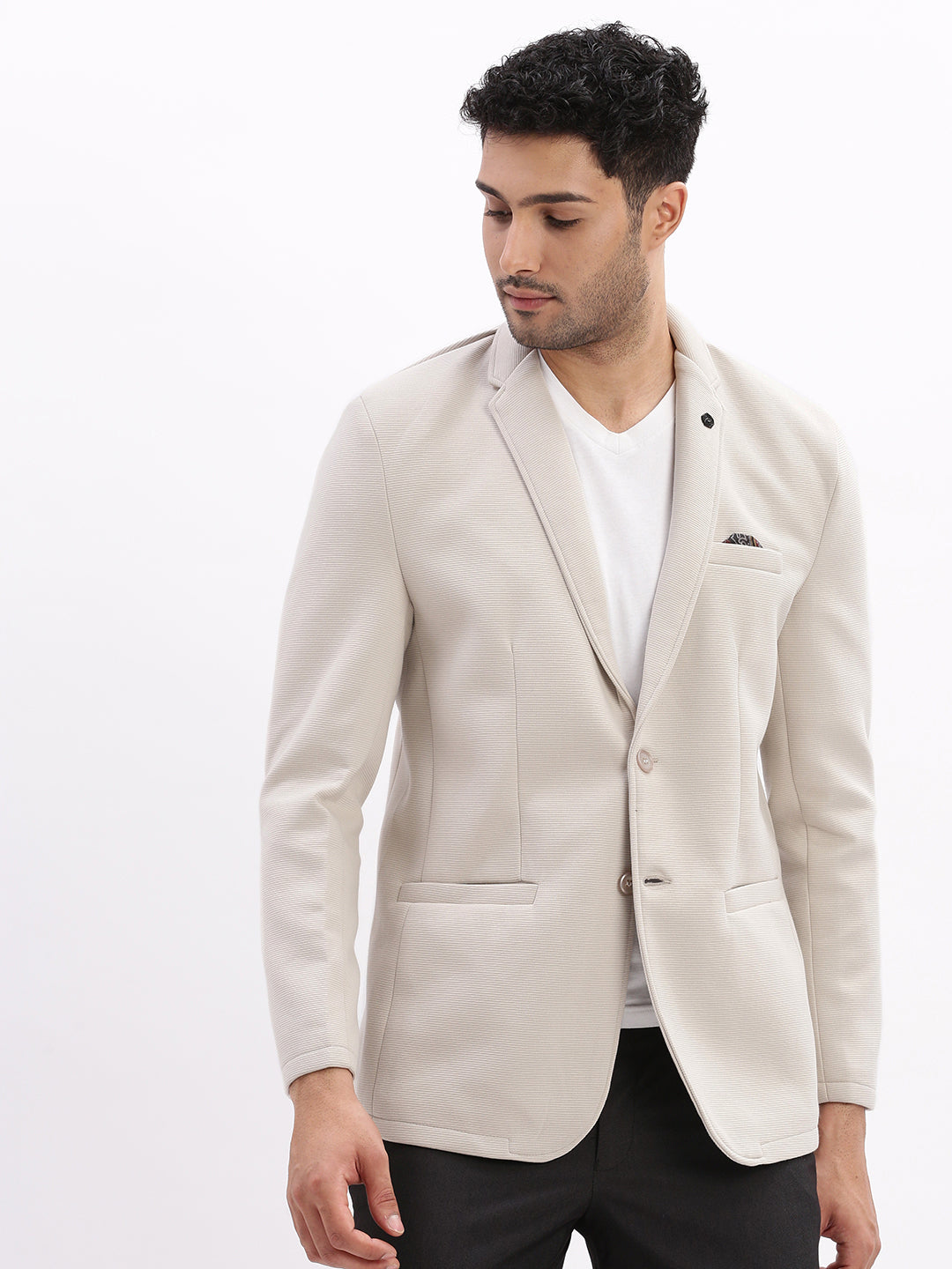 Men Solid Cream Single Breasted Blazer