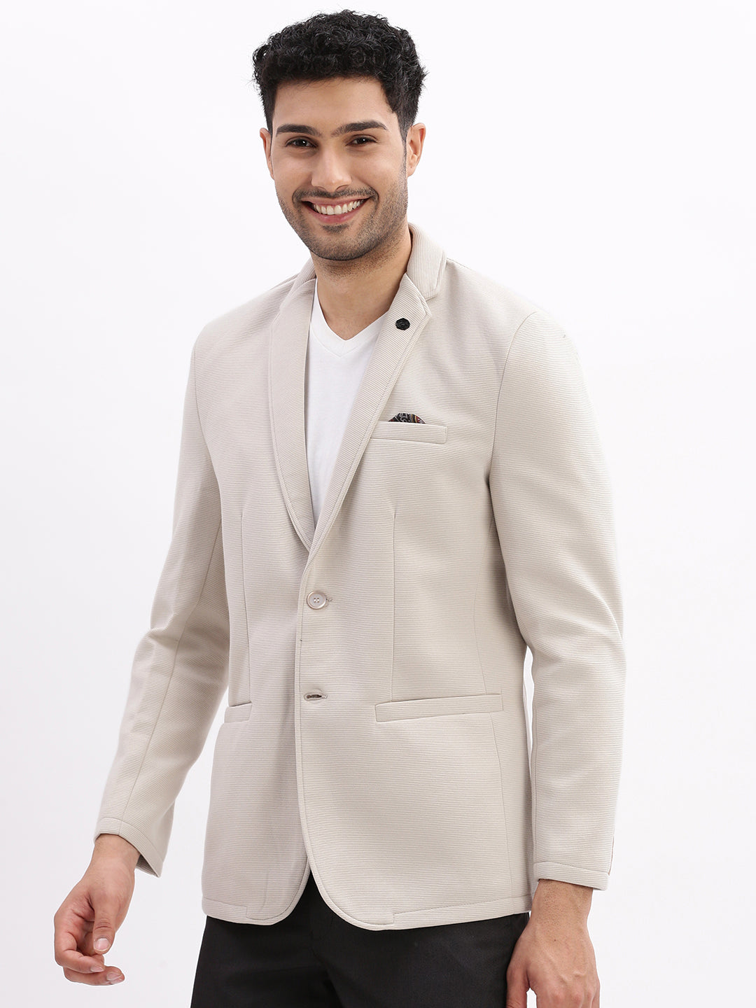 Men Solid Cream Single Breasted Blazer