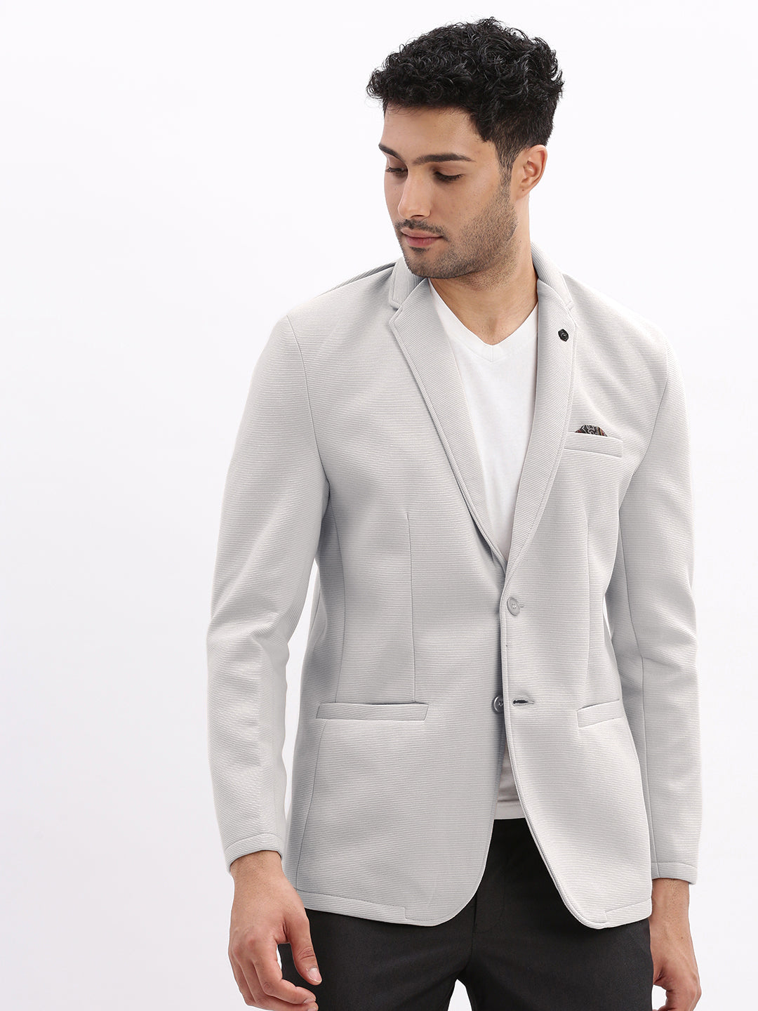 Men's Grey Single-Breasted Slim Fit Blazer with Notched Lapel
