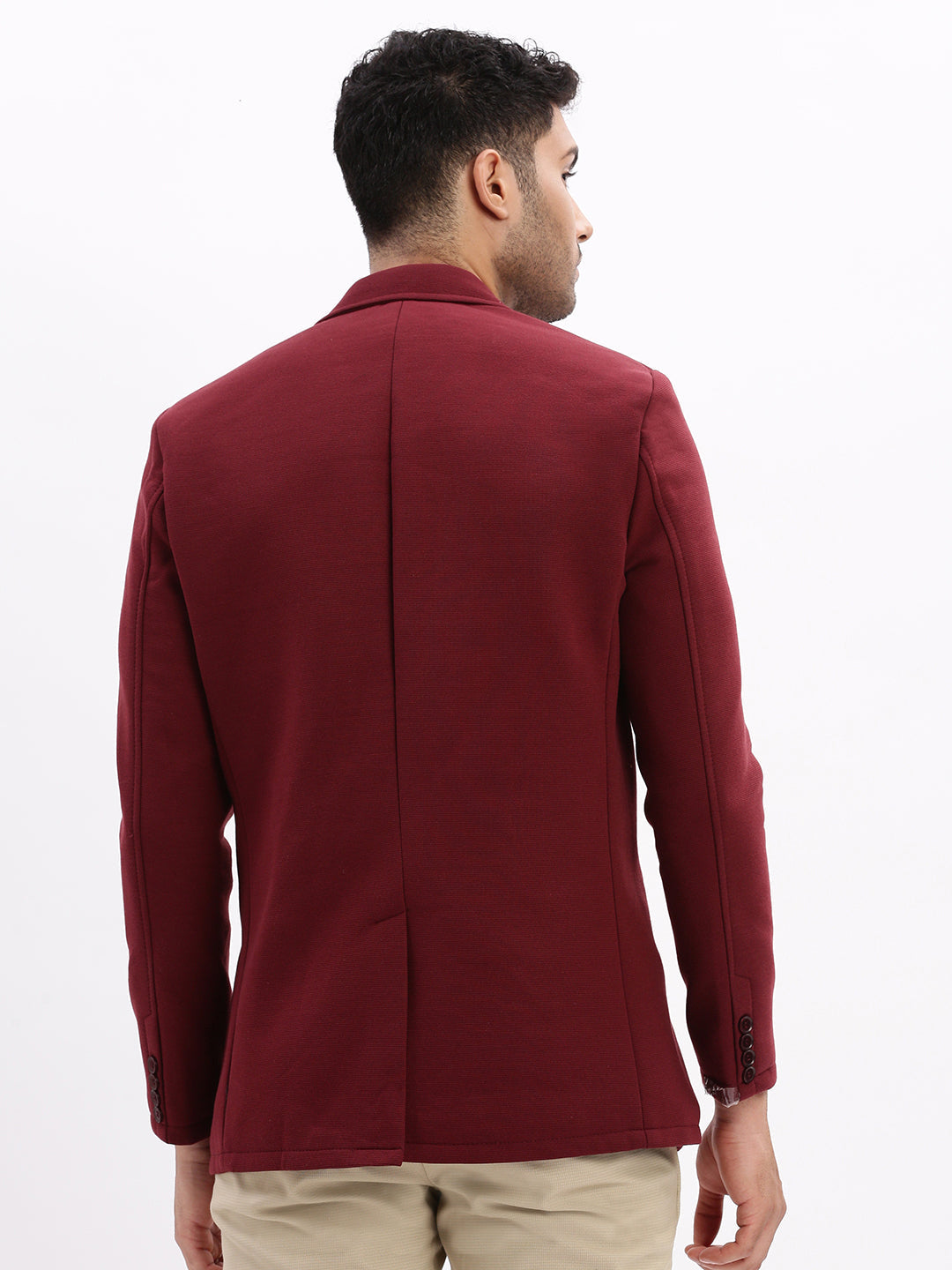 Men Solid Maroon Single Breasted Blazer