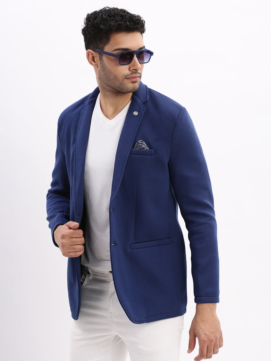 Men Solid Navy Blue Single Breasted Blazer