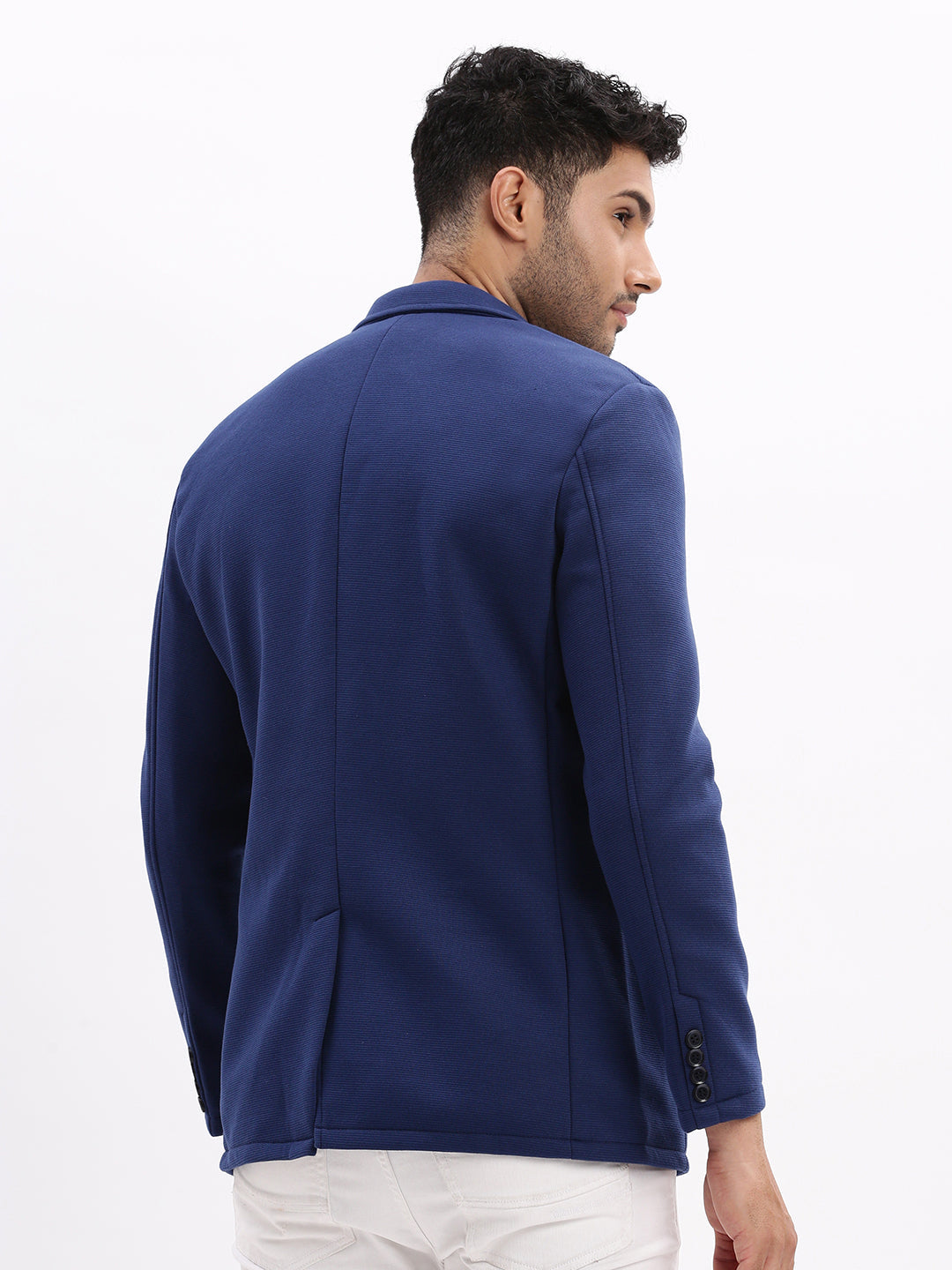 Men Solid Navy Blue Single Breasted Blazer