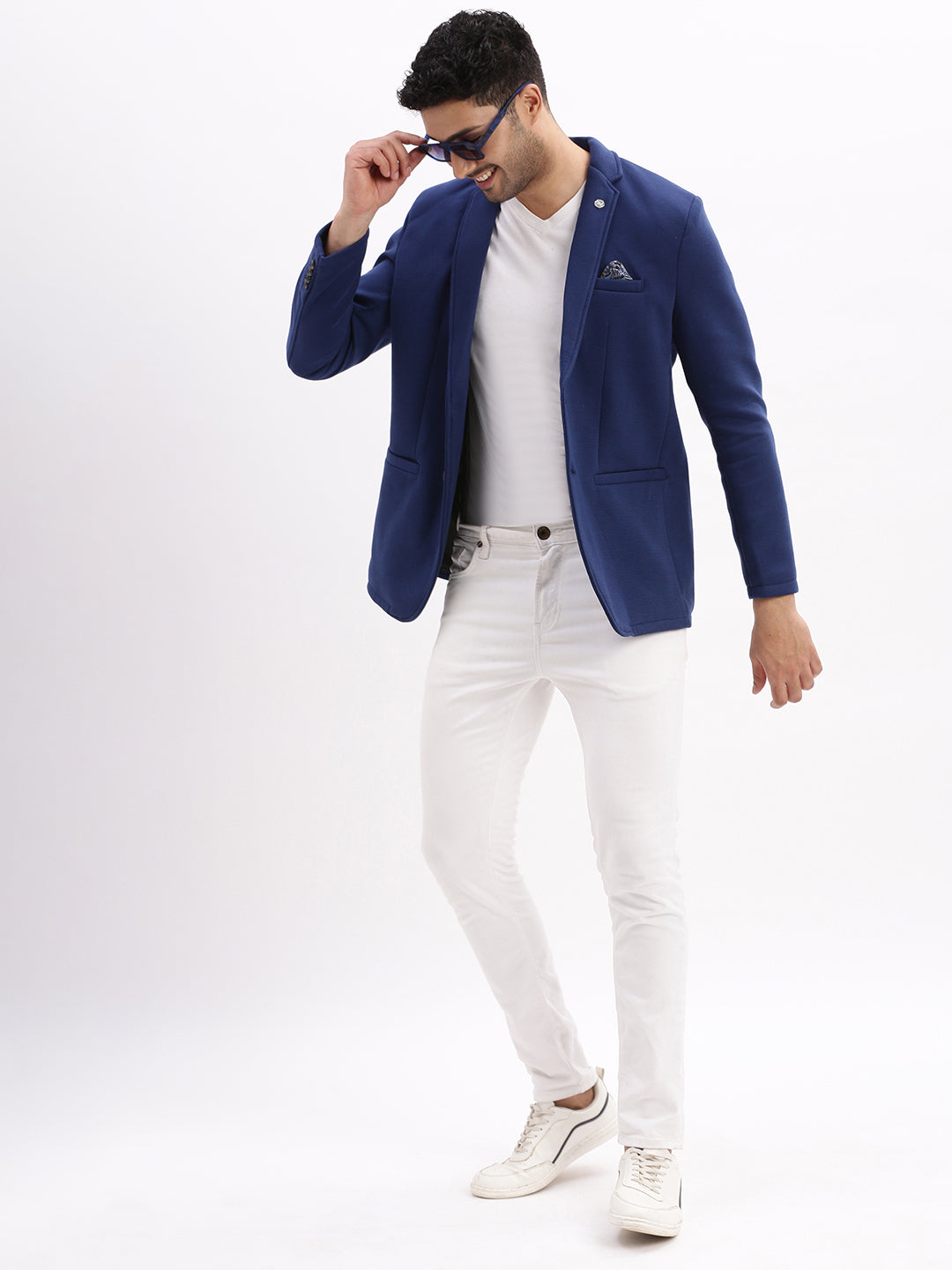 Men Solid Navy Blue Single Breasted Blazer