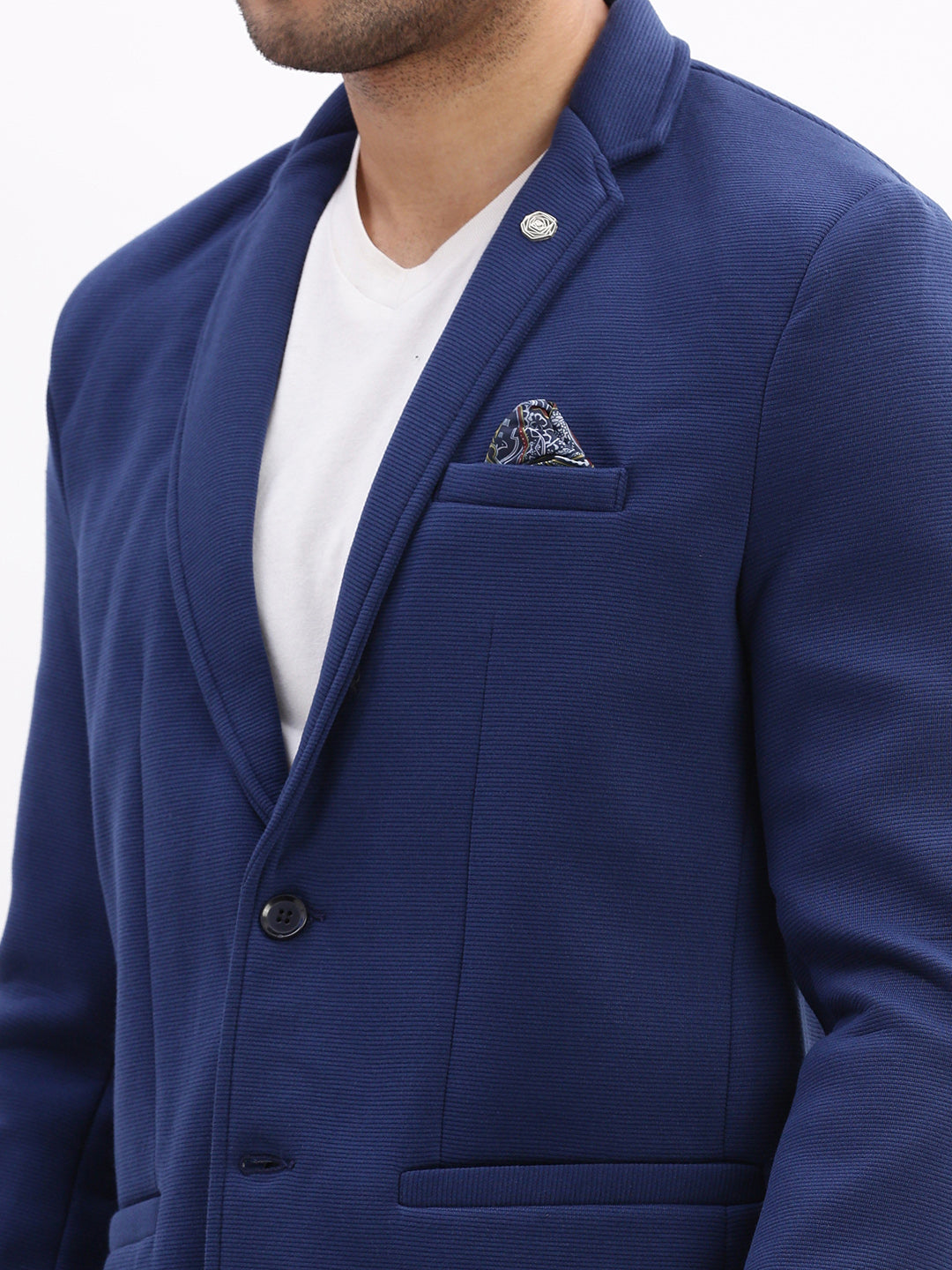 Men Solid Navy Blue Single Breasted Blazer