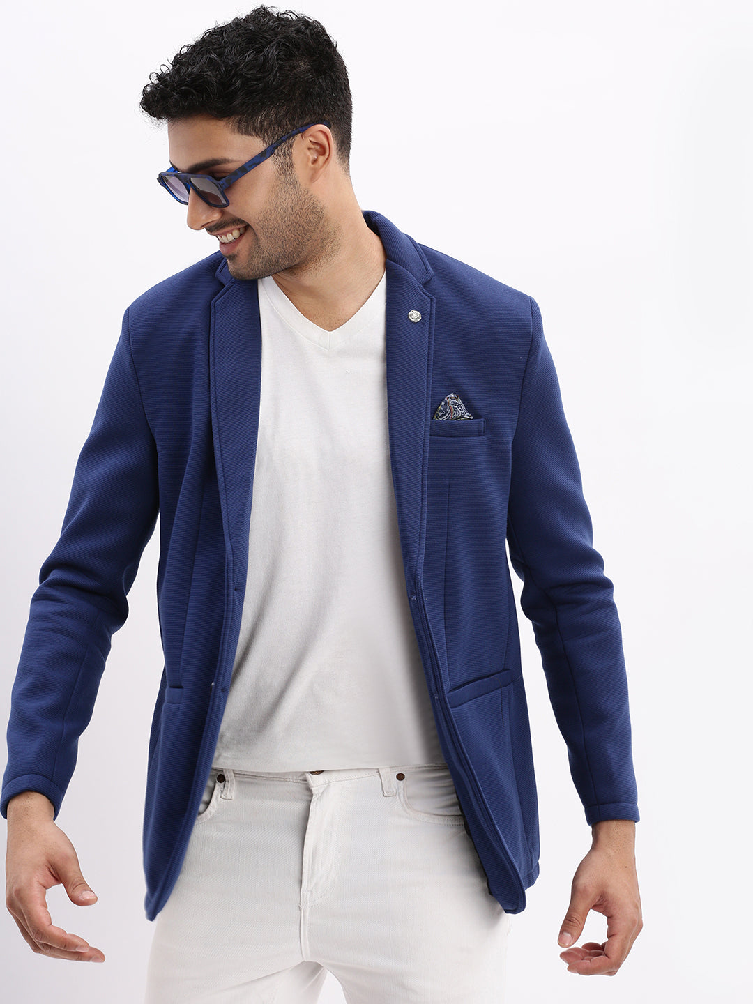 Men Solid Navy Blue Single Breasted Blazer