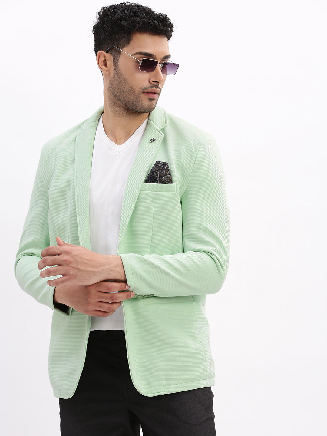 Men Solid Sea Green Single Breasted Blazer