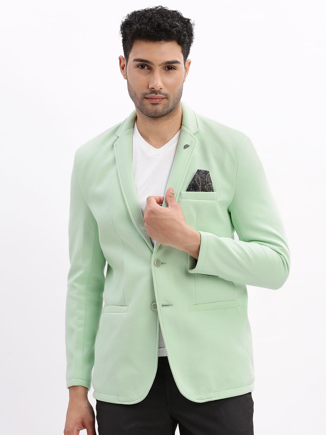 Men Solid Sea Green Single Breasted Blazer