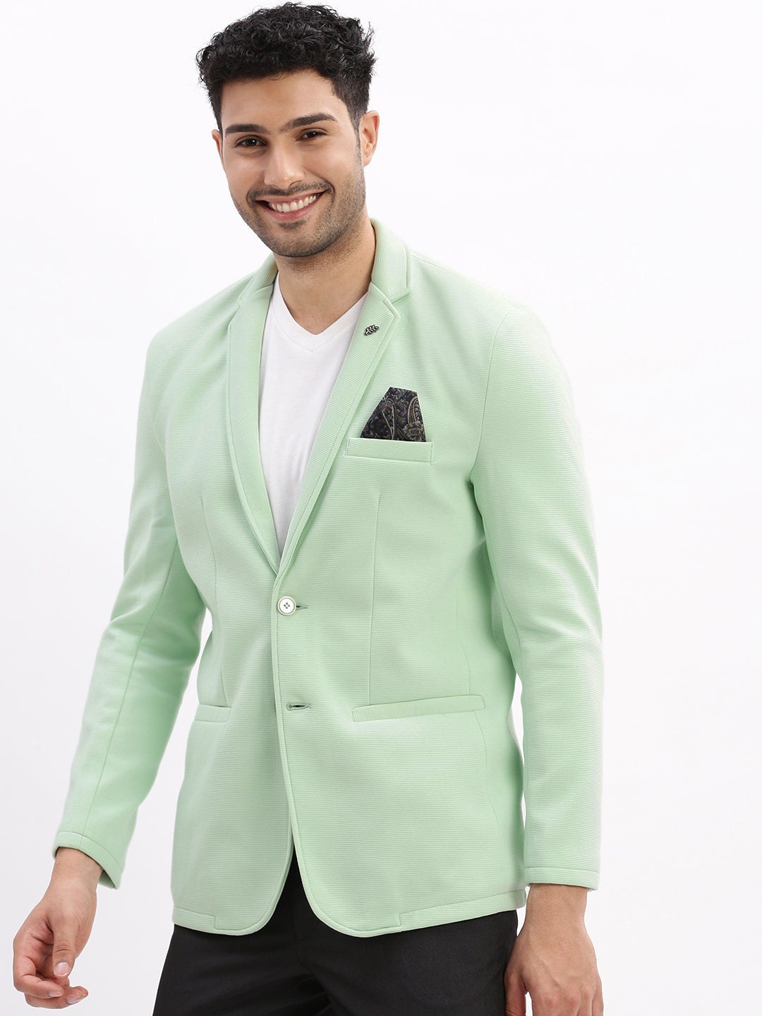 Men Solid Sea Green Single Breasted Blazer