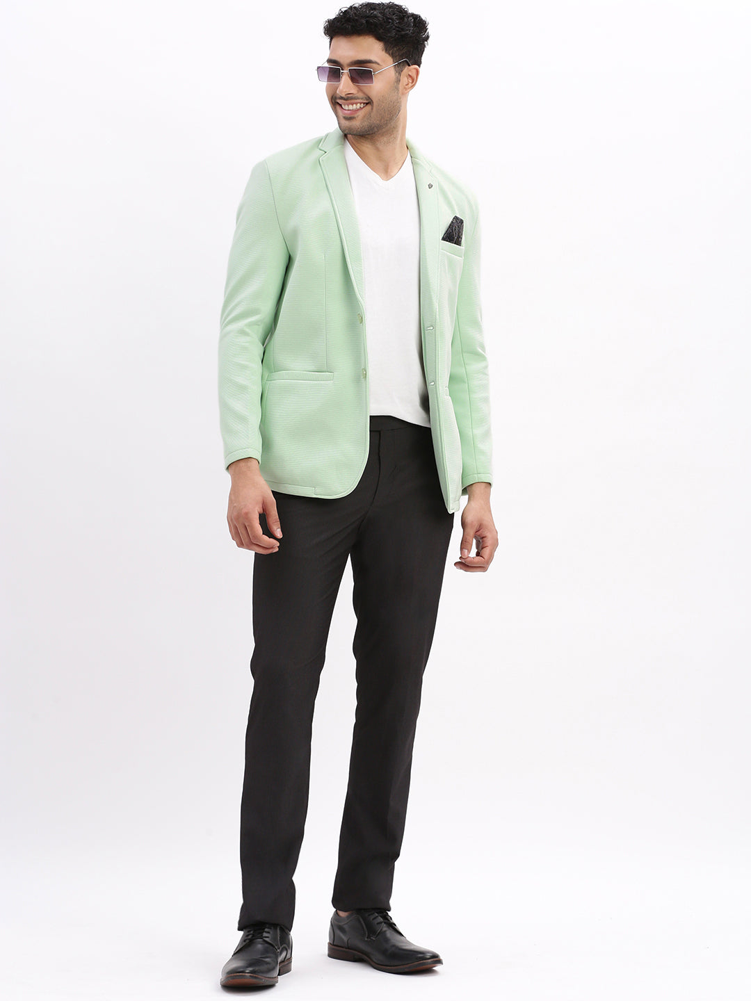 Men Solid Sea Green Single Breasted Blazer