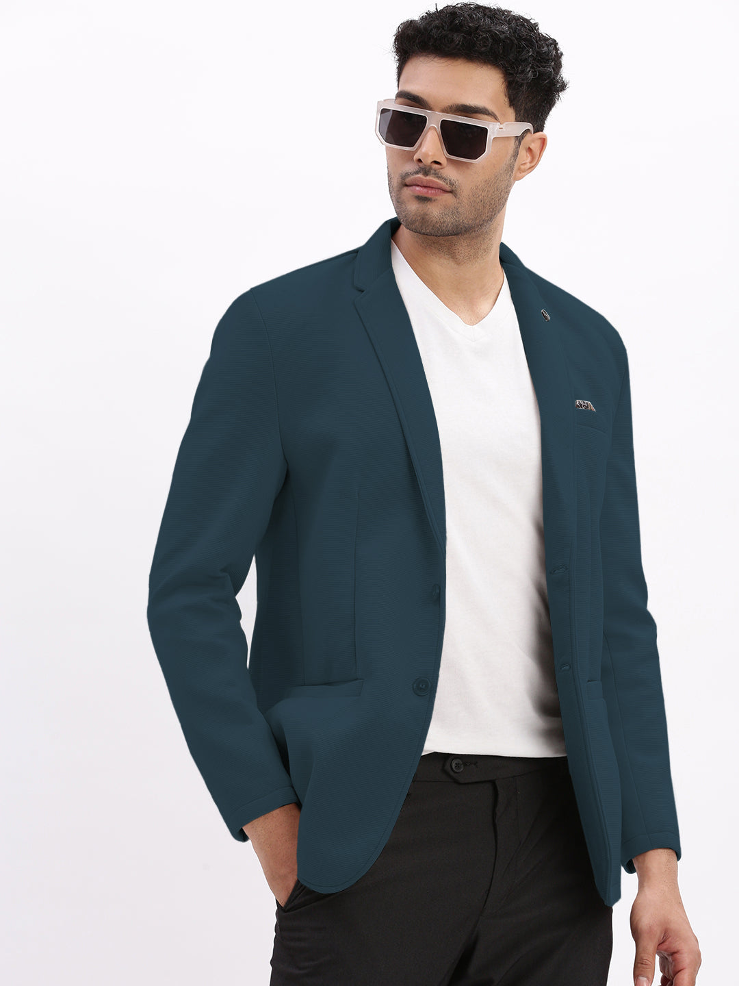 Men's Teal Single-Breasted Slim Fit Blazer with Notched Lapel