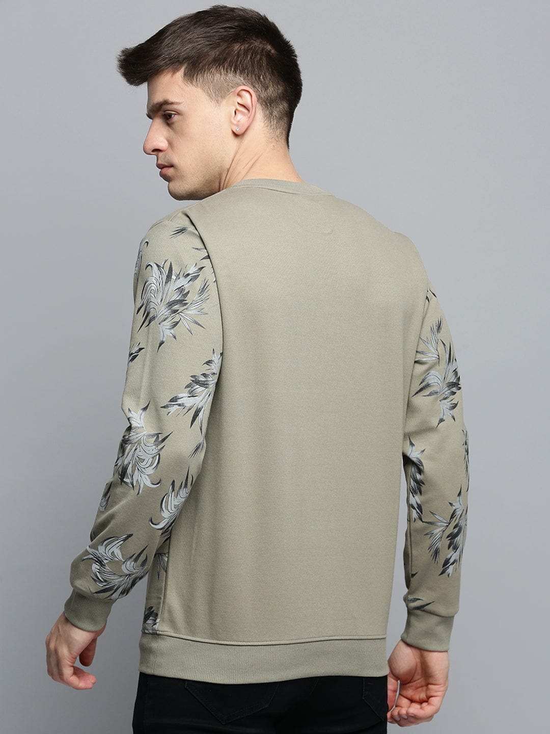 Men's Round Neck Printed Olive Pullover
