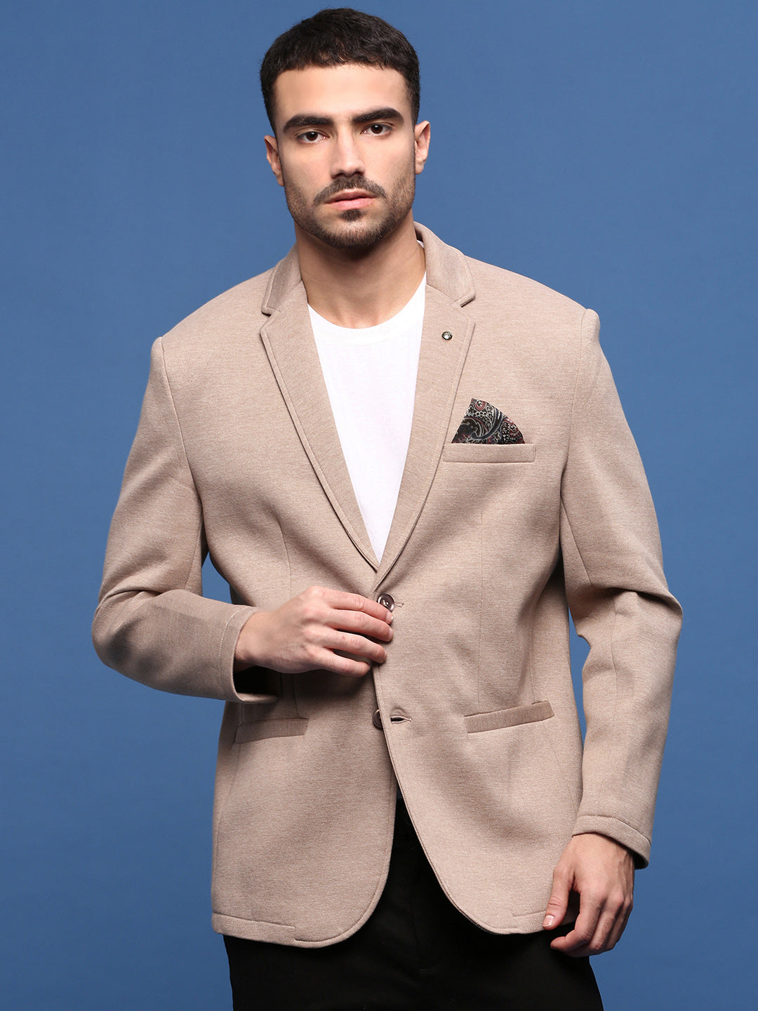 Men Beige Solid Single Breasted Blazer