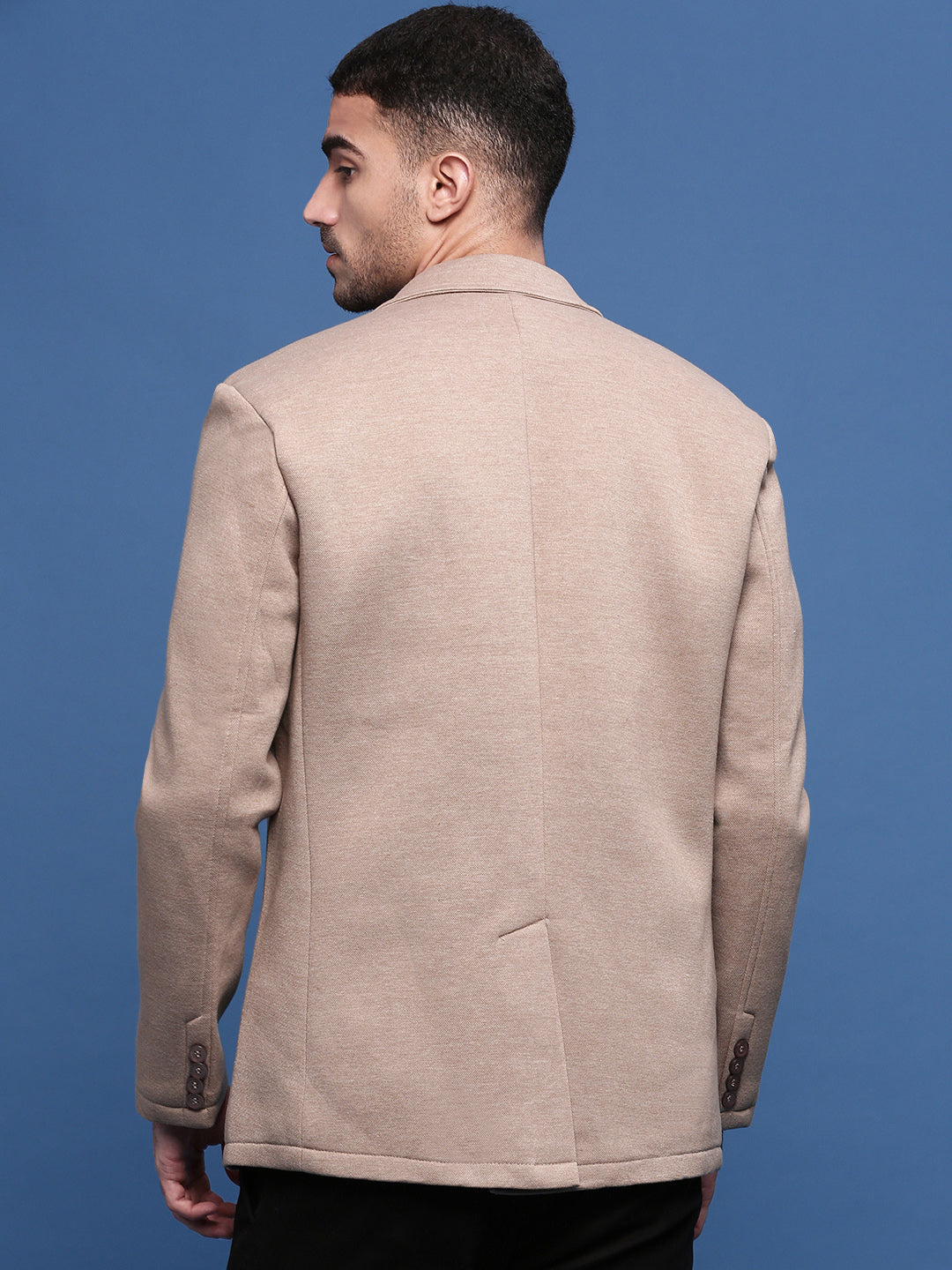 Men Beige Solid Single Breasted Blazer