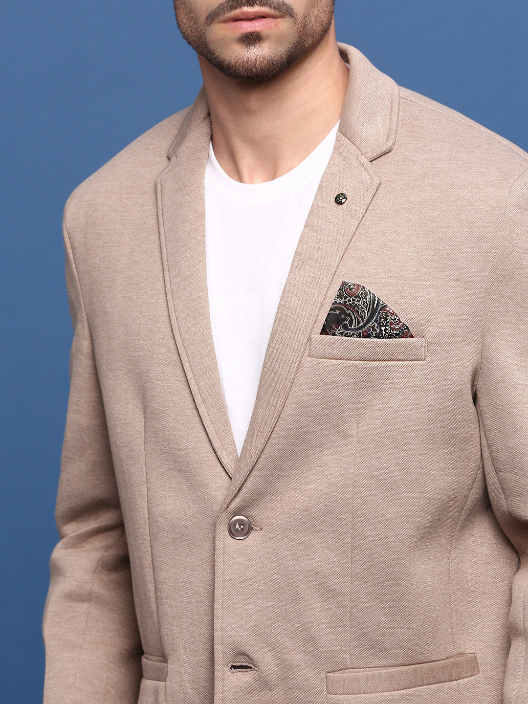 Men Beige Solid Single Breasted Blazer