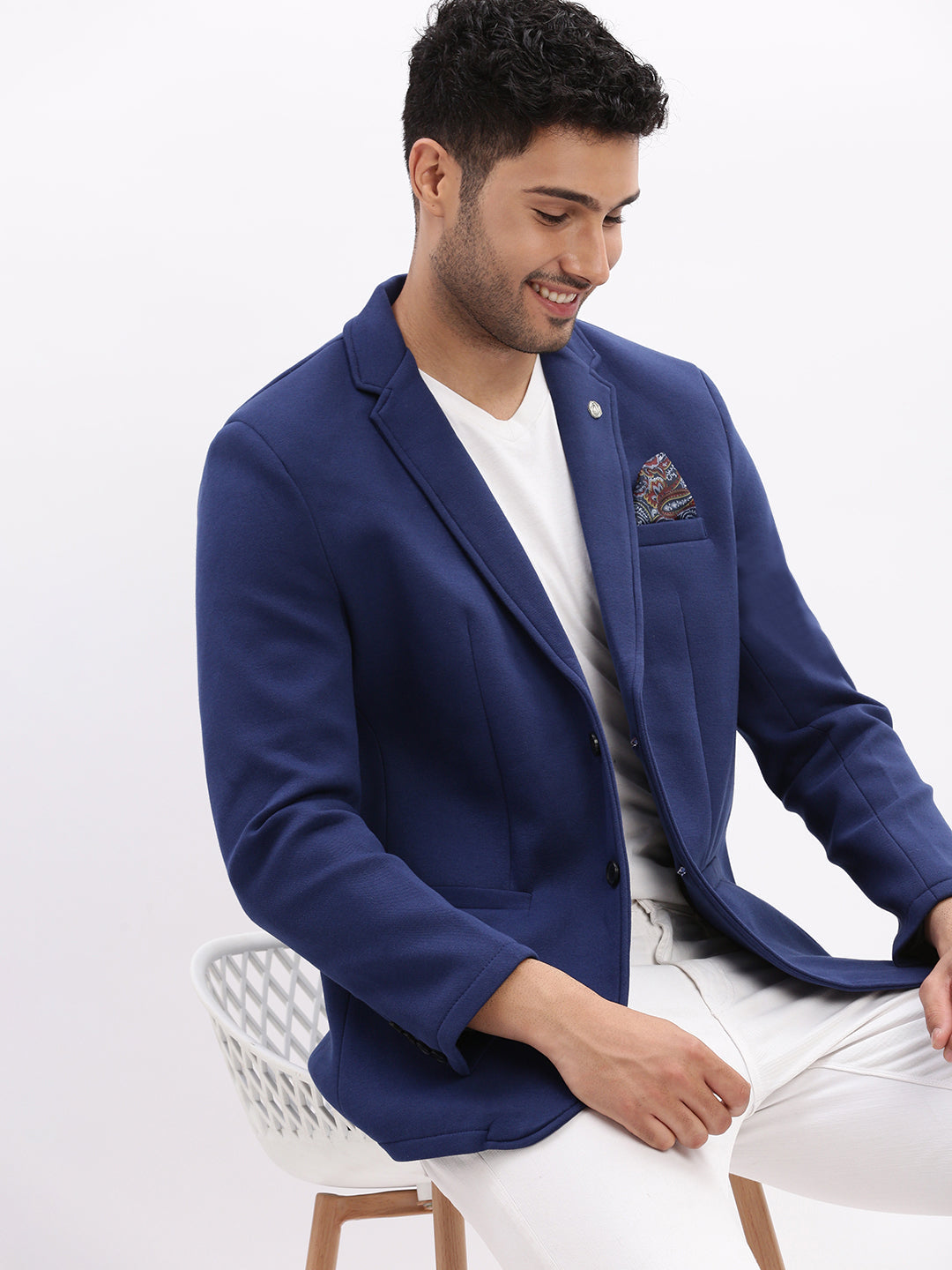 Men Solid Blue Single Breasted Blazer