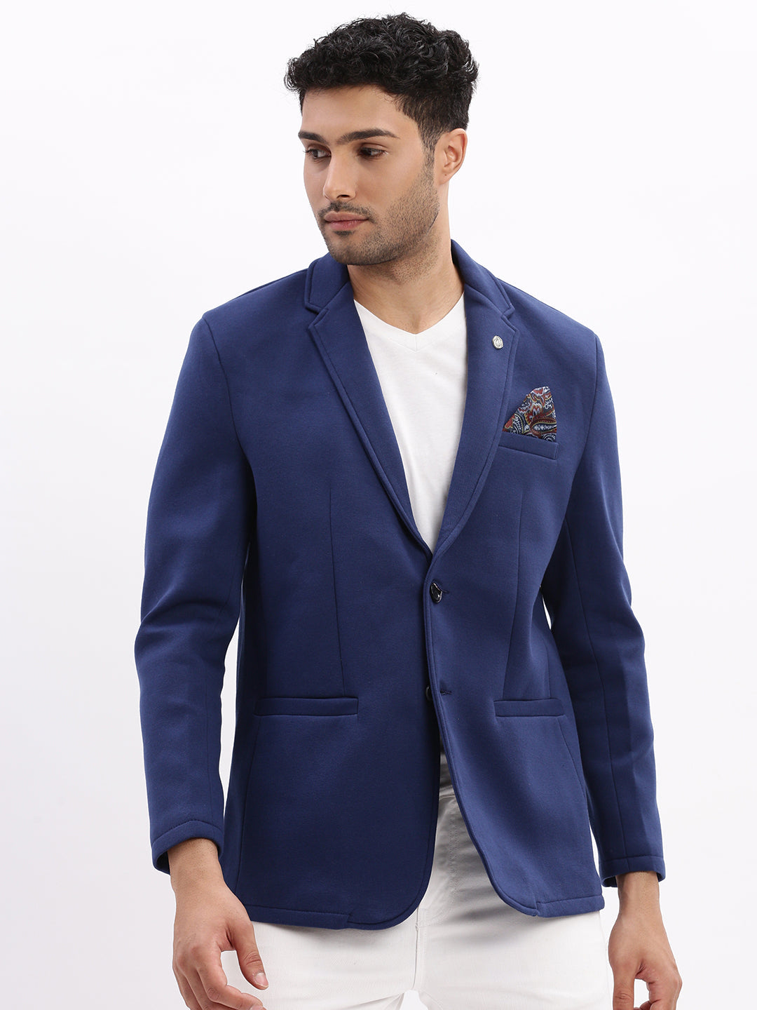 Men Solid Blue Single Breasted Blazer