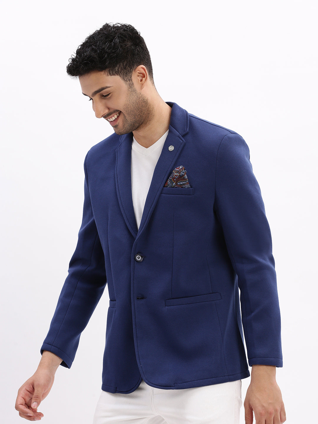 Men Solid Blue Single Breasted Blazer