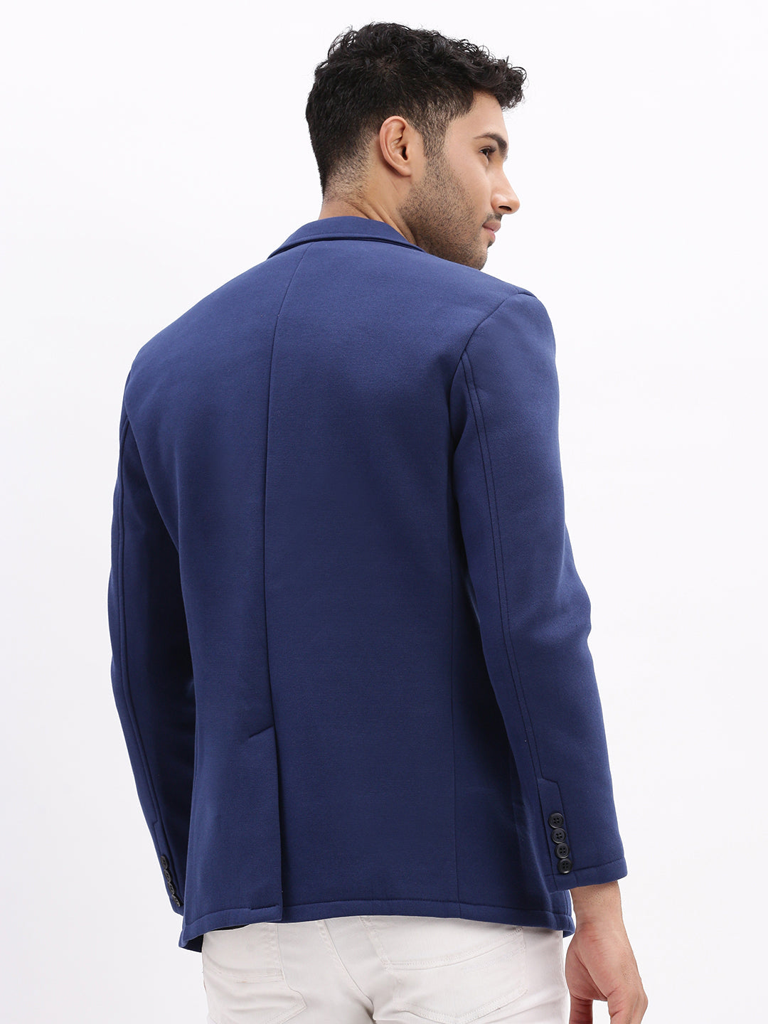 Men Solid Blue Single Breasted Blazer