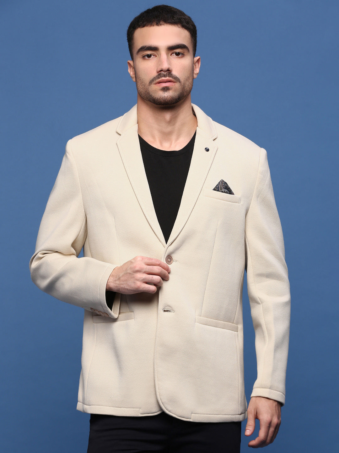 Men Cream Solid Single Breasted Blazer