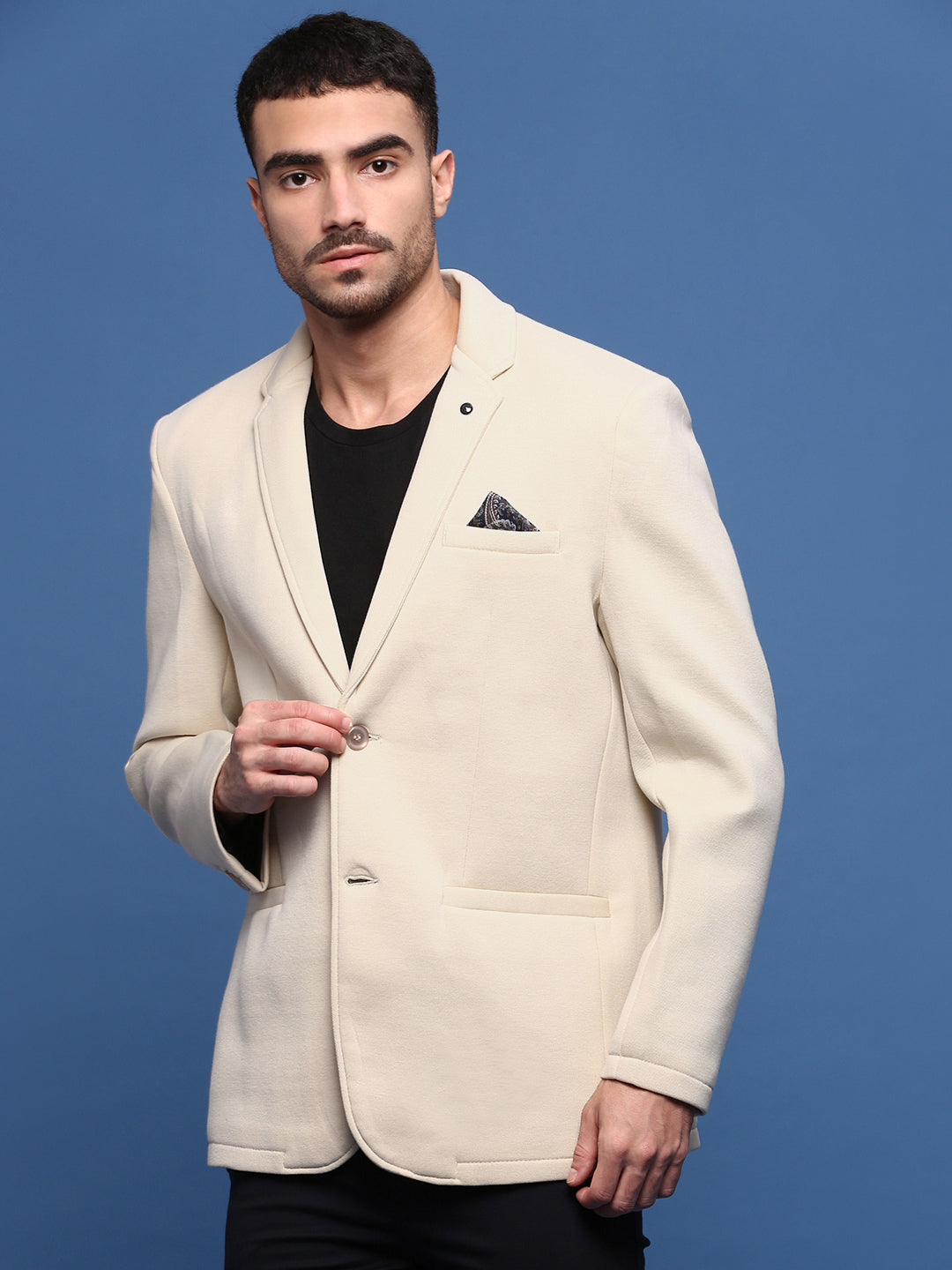 Men Cream Solid Single Breasted Blazer