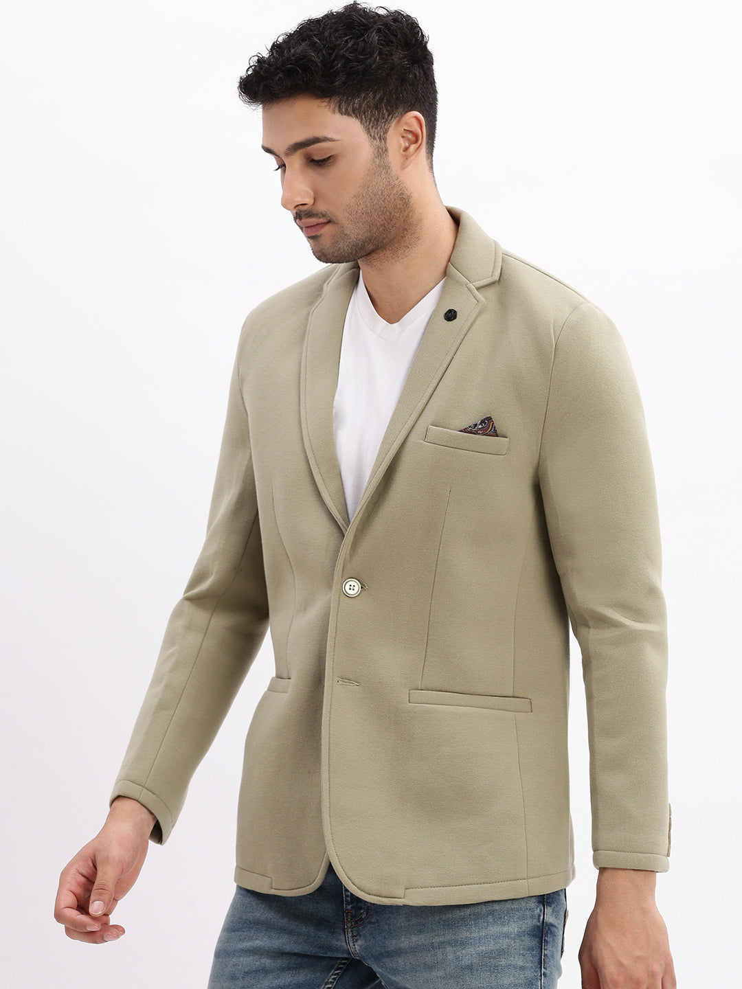 Men Solid Green Single Breasted Blazer