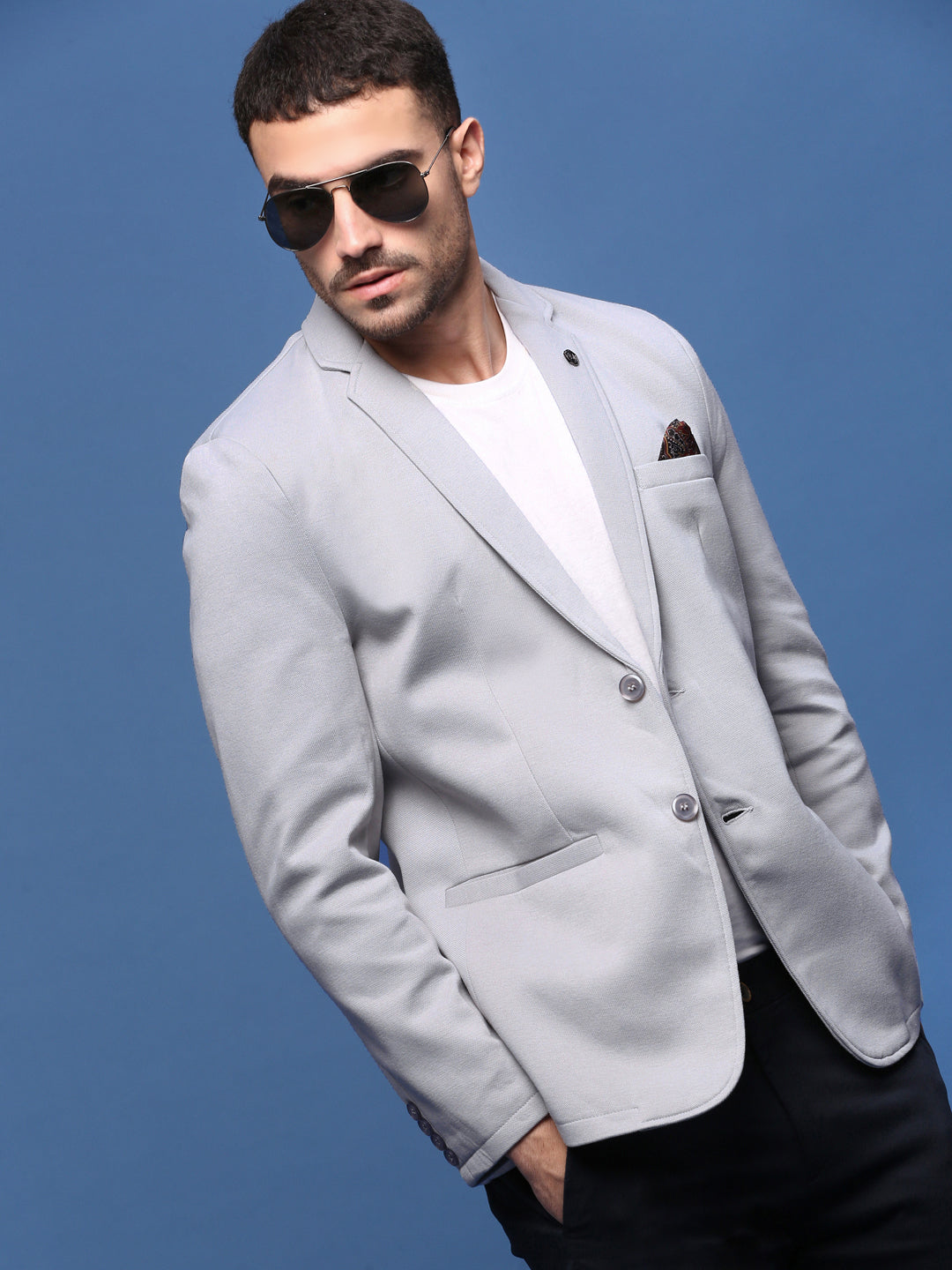 Men Grey Slim Fit Single Breasted Blazer