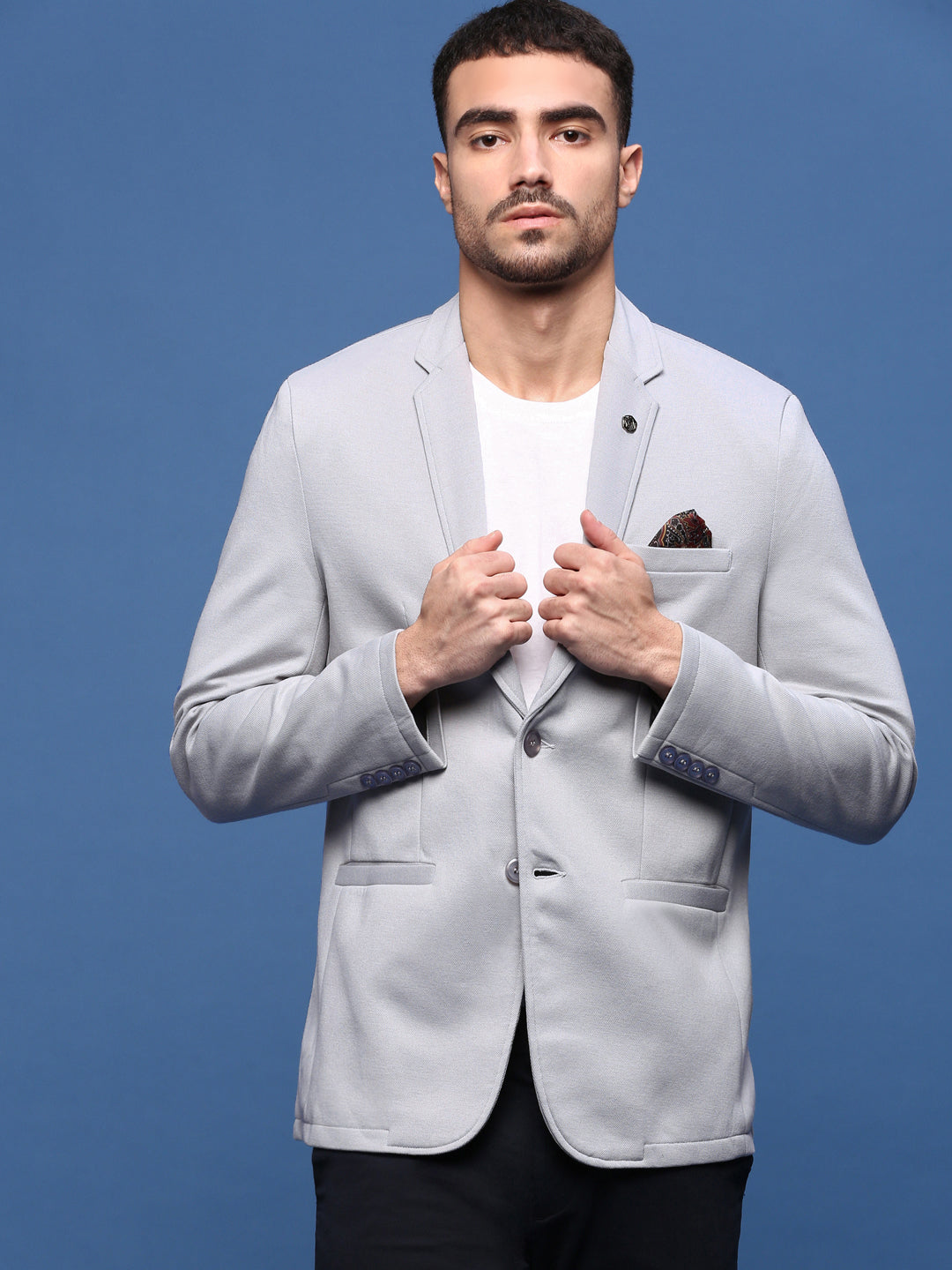 Men Grey Slim Fit Single Breasted Blazer