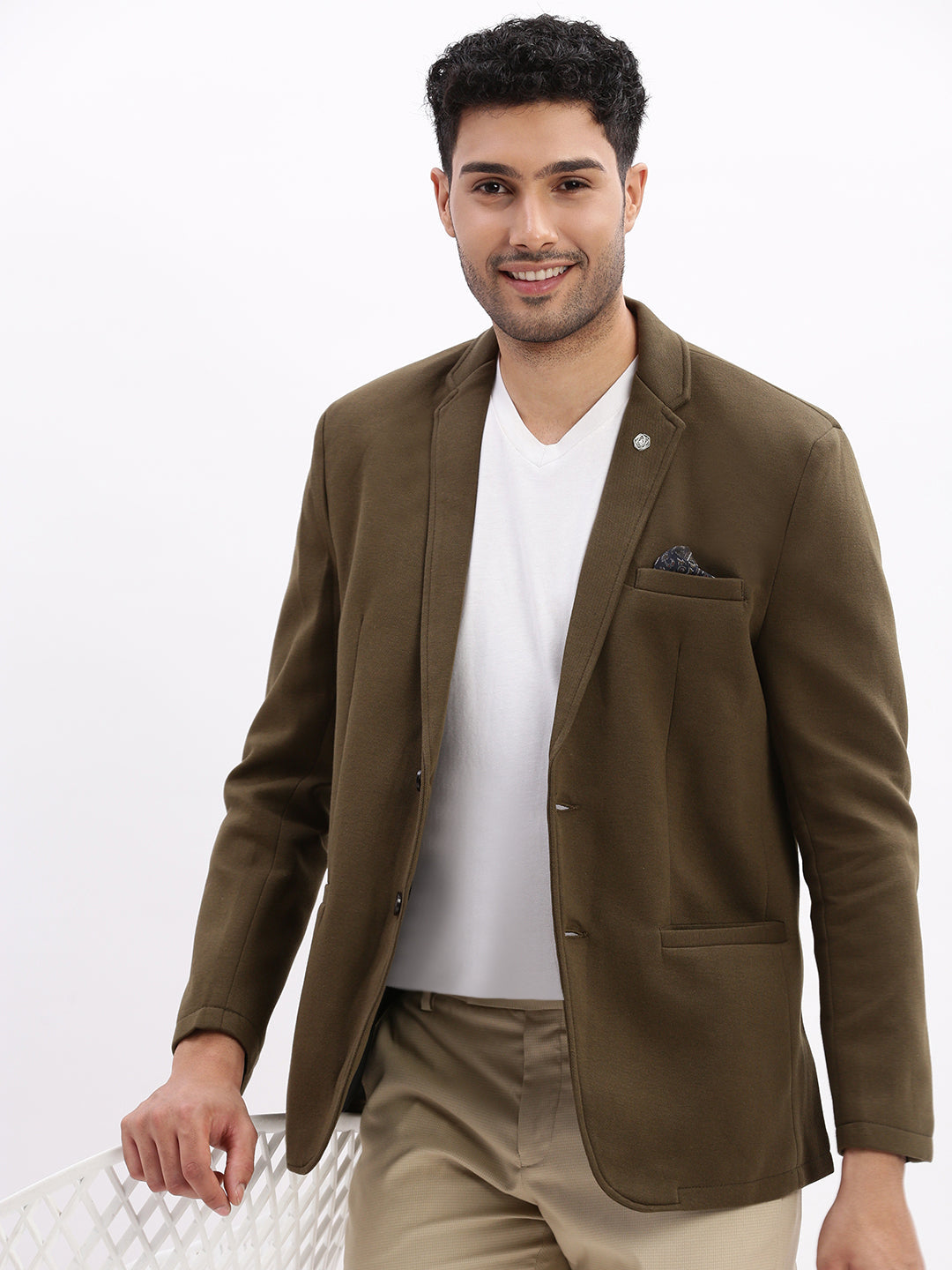 Men Solid Olive Single Breasted Blazer